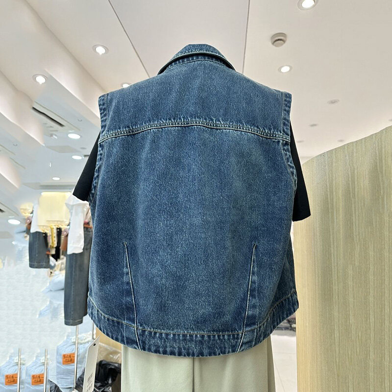 Colete jeans de cor contrastante feminina, moda vintage, tops de casacos coreanos, moda casual, colete, roupas de mulher, 2021