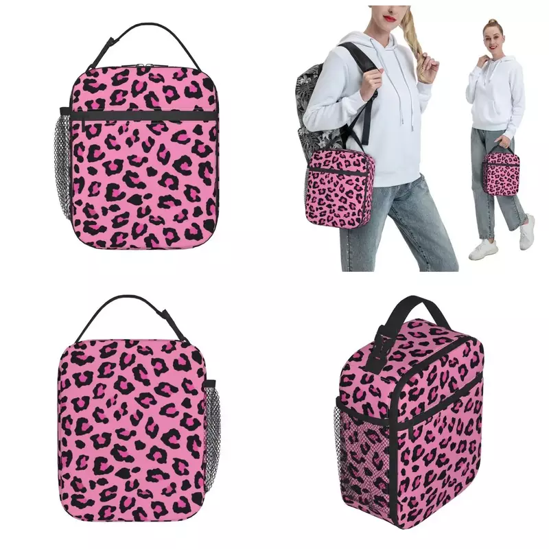 Lancheira com estampa animal leopardo, caixa de Bento térmica para viagens, contêiner rosa, design exclusivo, contêiner refrigerador