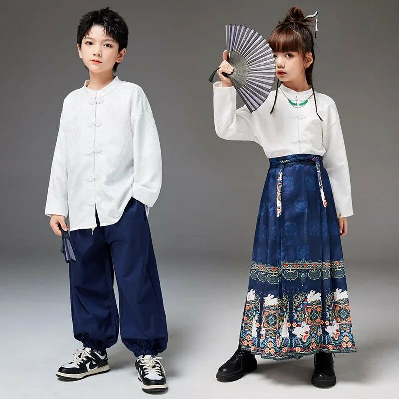 Children Chinese Style Performance Outfit Kids Classical Dance Chorus Stage Show Costume Sets Girls Horse Face Skirt Han Clothes