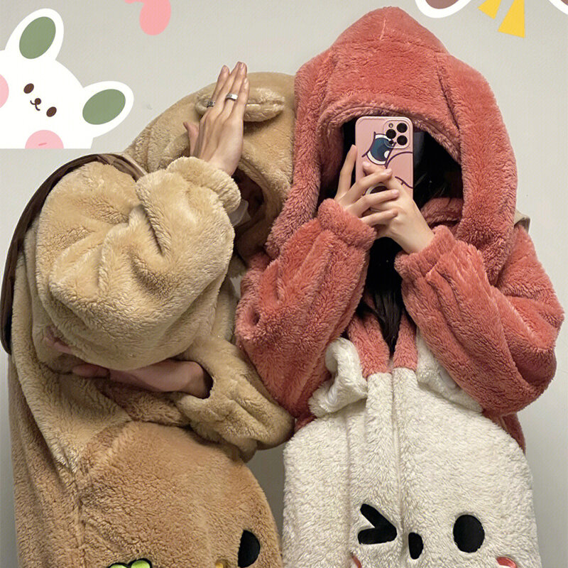 Winter Cute Plush One Piece Pajamas Women's Cartoon Carrot Bear Warm Hooded Zippered Pajamas Student Kawaii Couple Home Wear
