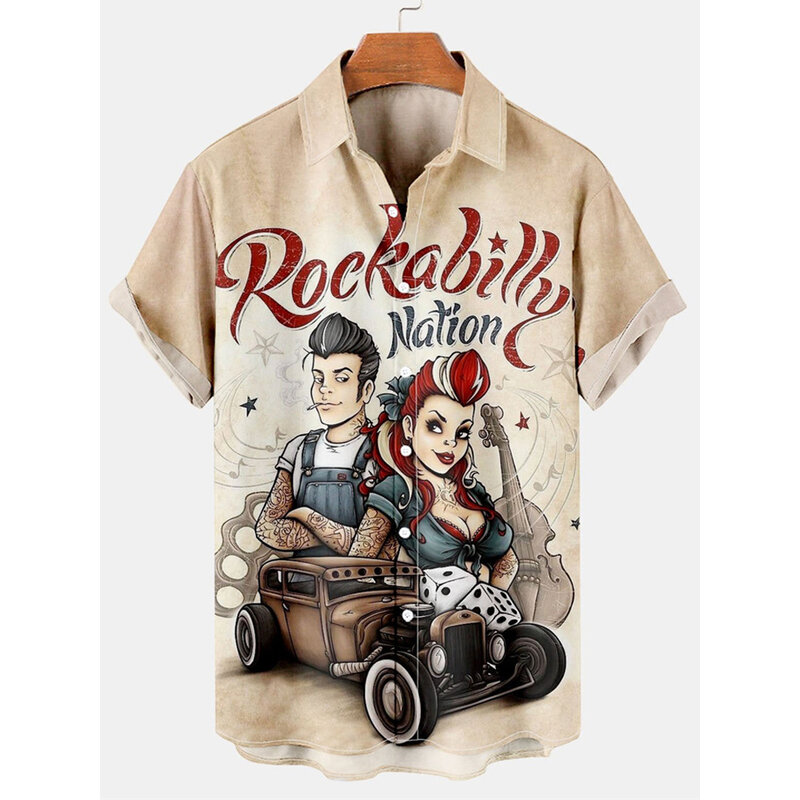 Camisa hawaiana de manga corta para hombre, Camiseta clásica con estampado 3d de Route 66 Street, solapa de música Rock, ropa Vintage de talla grande