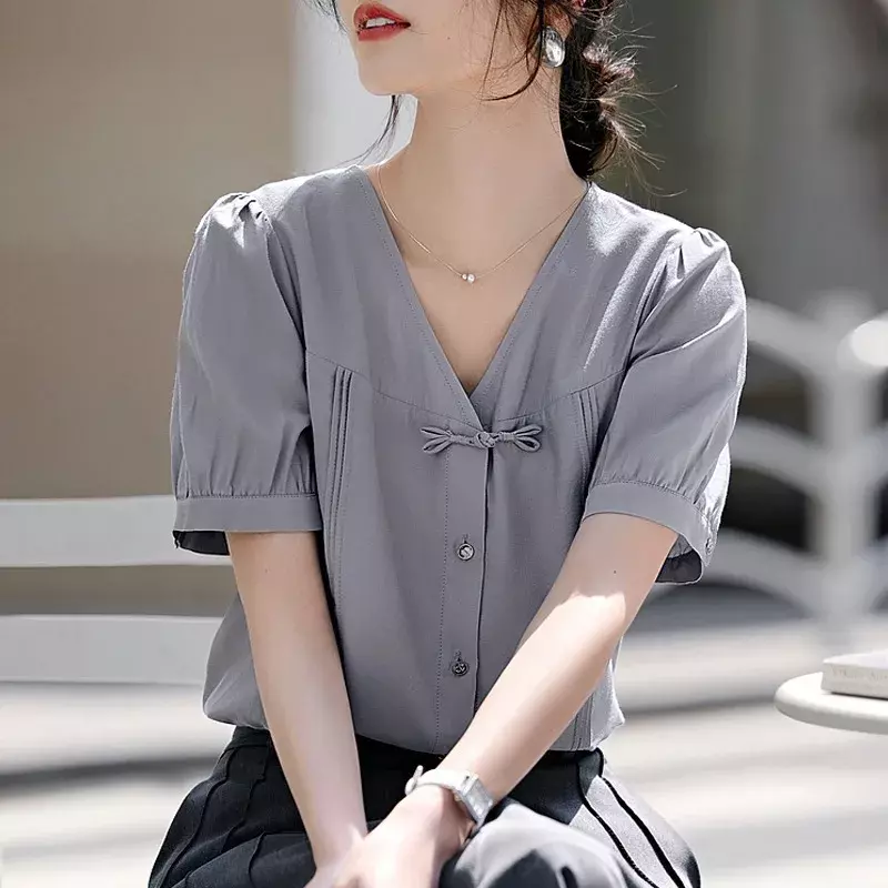 เสื้อเบลาส์เสื้อผู้หญิงวินเทจสีพื้นสไตล์จีนผ้าชีฟองสำหรับผู้หญิงเสื้อแขนสั้นทรงหลวมเสื้อผ้าคอวี Myunyan