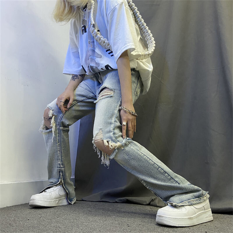 Hip-hop high street hipsters distressed old ripped straight jeans men casual loose wide-leg trousers jeans for men pants