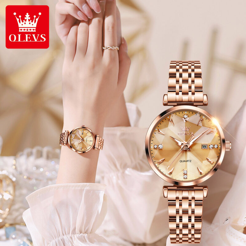 OLEVS-reloj de cuarzo de lujo para mujer, pulsera de oro rosa con correa de acero inoxidable, diseño de rombos, elegante y Original