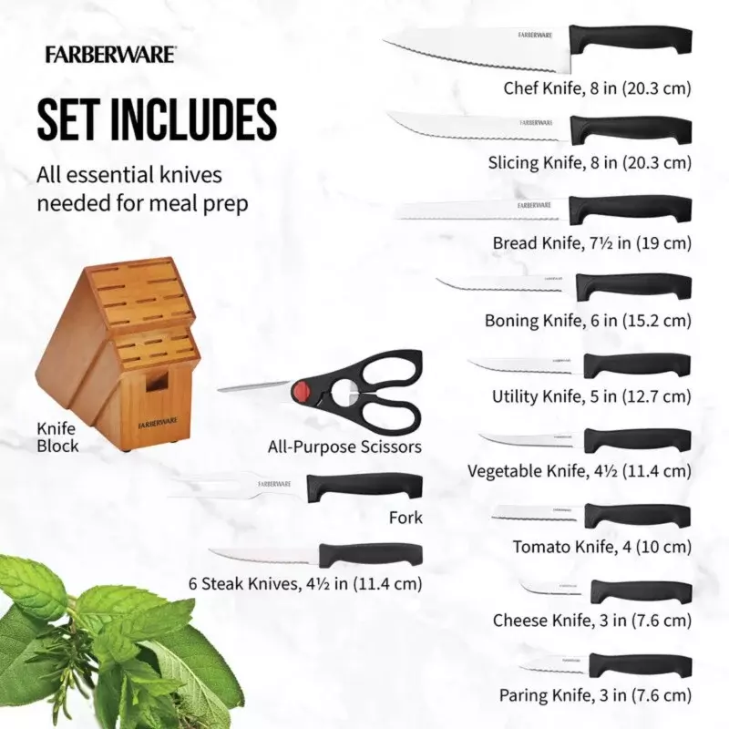 Farberware-Juego de cuchillos de acero inoxidable con bloque de madera Natural, nunca necesita afilar, 18 piezas