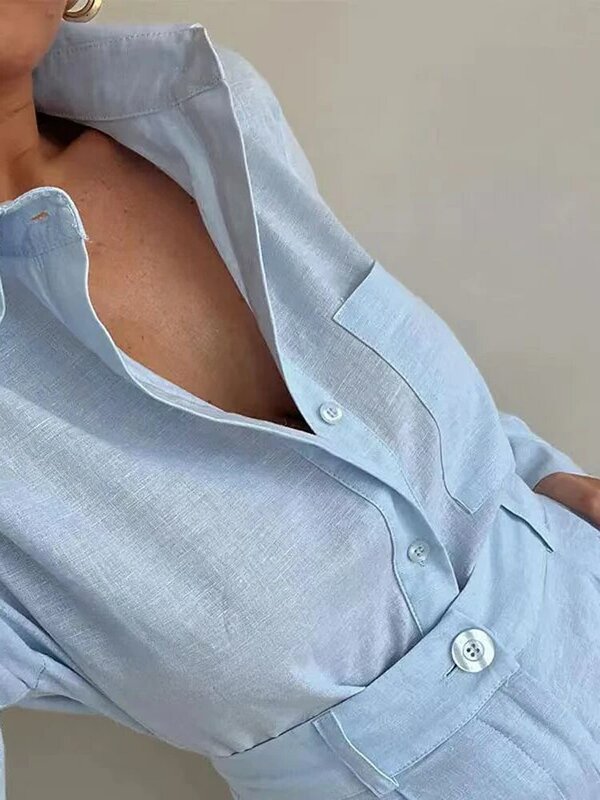Luźne, kieszonkowe, 2-częściowe zestawy szorty damskie koszule z długim rękawem do klapy i jednolite spodenki stroje z wysokim stanem ubrania damskie