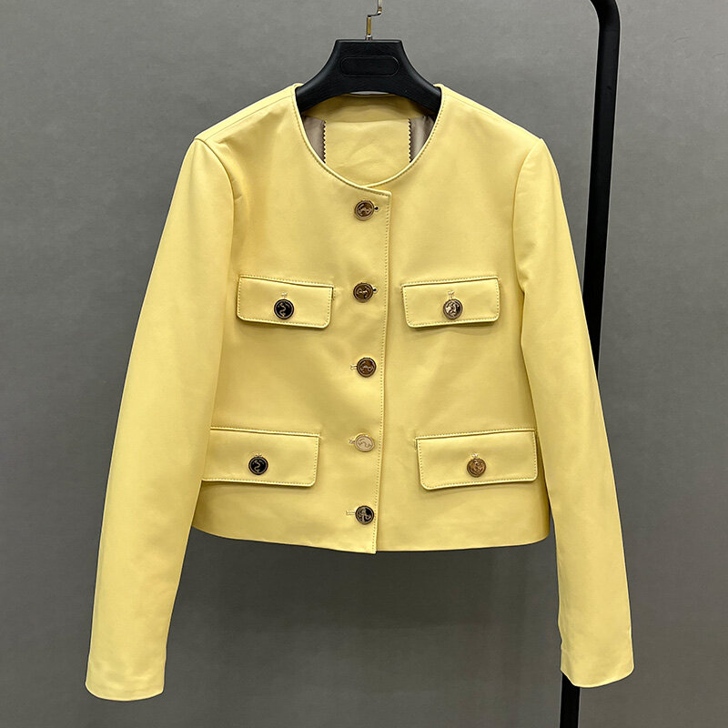 Jaqueta de couro de carneiro genuína feminina, casaco gola em O, novo design, design de moda, primavera, outono, senhora, FG8294