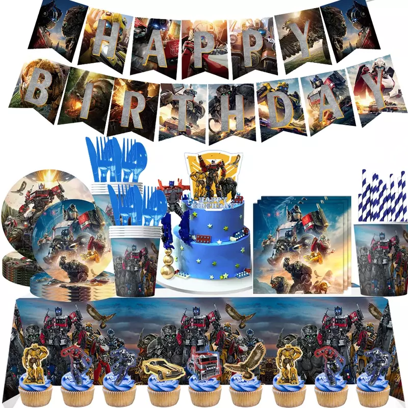 Transformers-Decoración de fiesta de cumpleaños para niños, globos de aluminio de látex, vajilla desechable, coche, Robot, telón de fondo para niños, suministros para fiestas