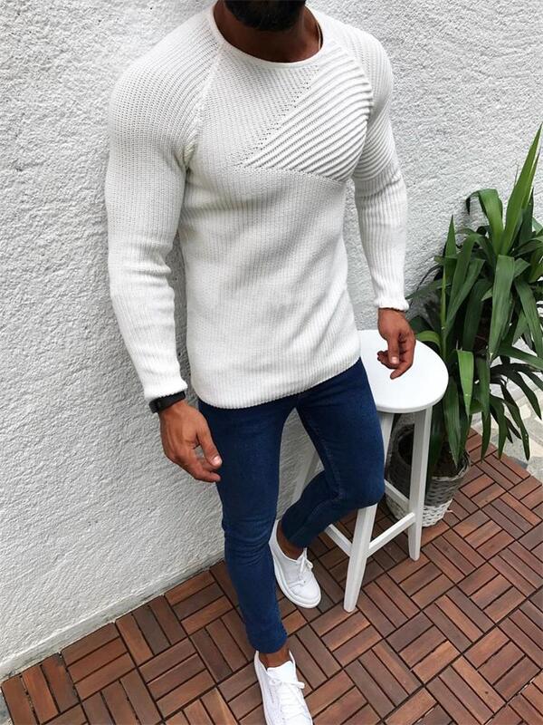 Suéter masculino de malha casual, tamanho grande, monocromático, qualidade, primavera e outono, novo