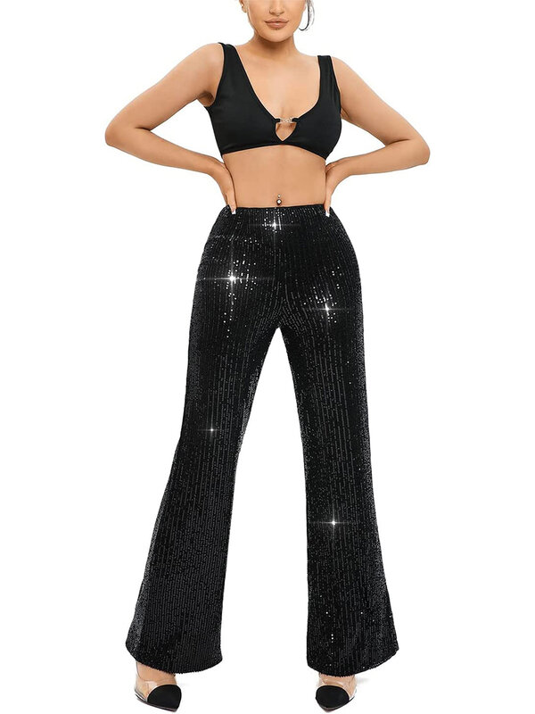 Women Sequin Flare Pants Sparkly High Waist Wide Leg Bell-bottom Trousers Slim Party Club Shiny Pants Clubwear