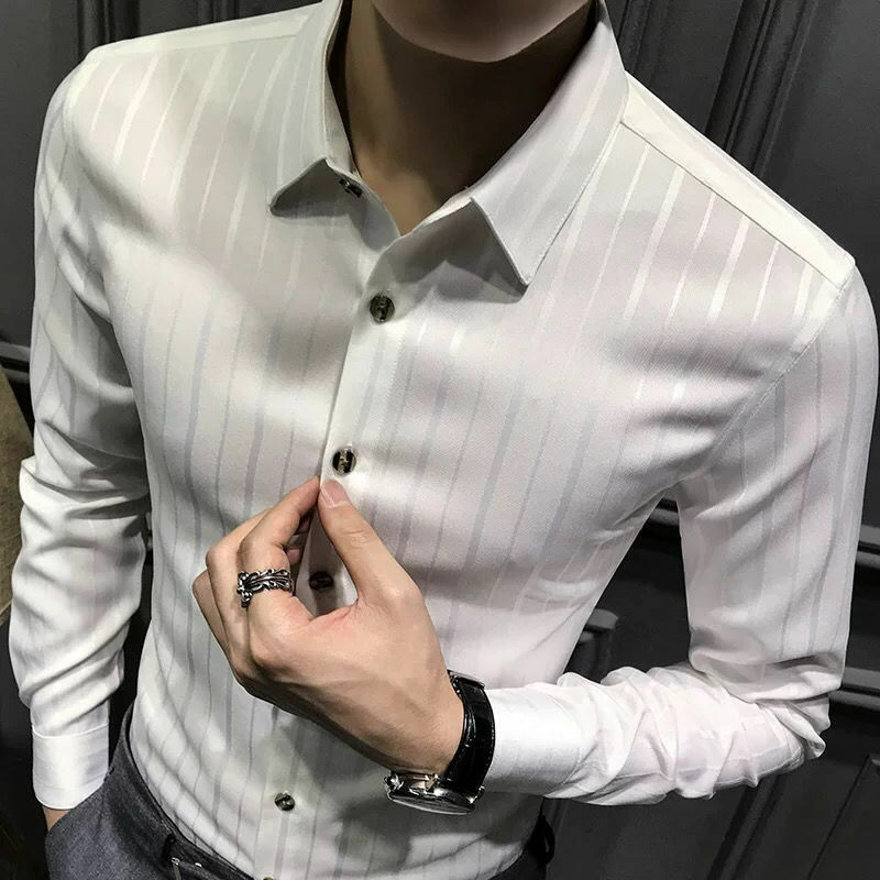 Camisa de manga comprida Harajuku masculina, moda elegante, slim fit, casual solta, com todos os fósforos, gola pontiagudos, com botão estampado, 2020