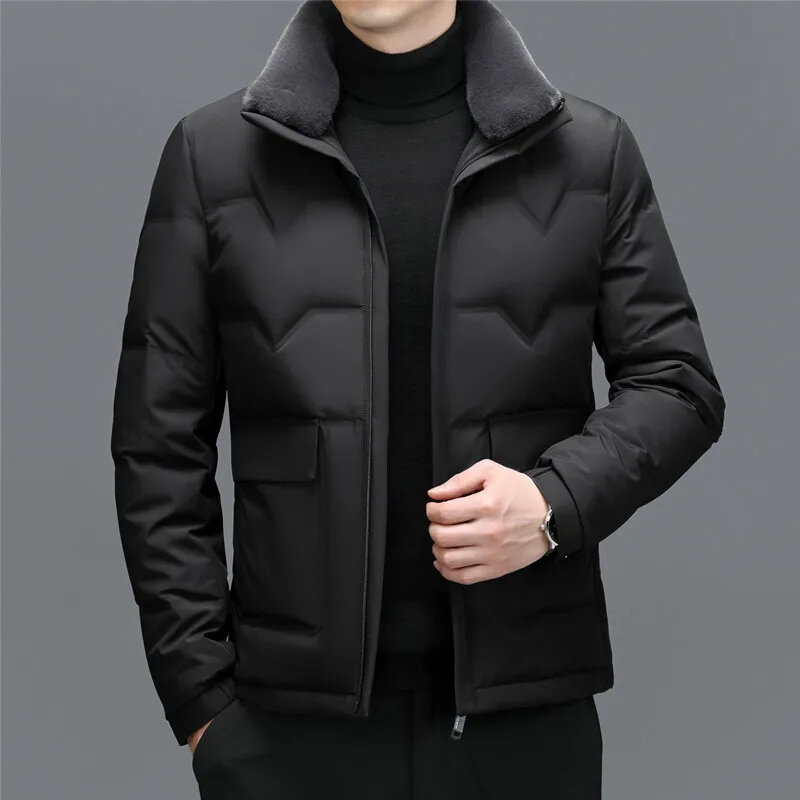 Mantel panjang musim dingin pria, YXL-7782 tebal, pendek, dengan kerah bebek putih dapat dilepas untuk bisnis kasual hangat