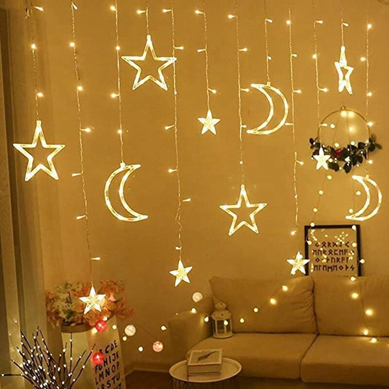 Juego de luces LED de noche para decoración del hogar, lunas y estrellas decorativas de 3,5 M para fiesta de Ramadán, 1 Juego