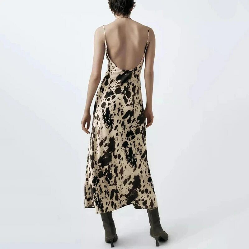 Leopardo sem costas feminino com decote em v profundo Midi Dresses, vestidos sexy, moda feminina, verão, 2022