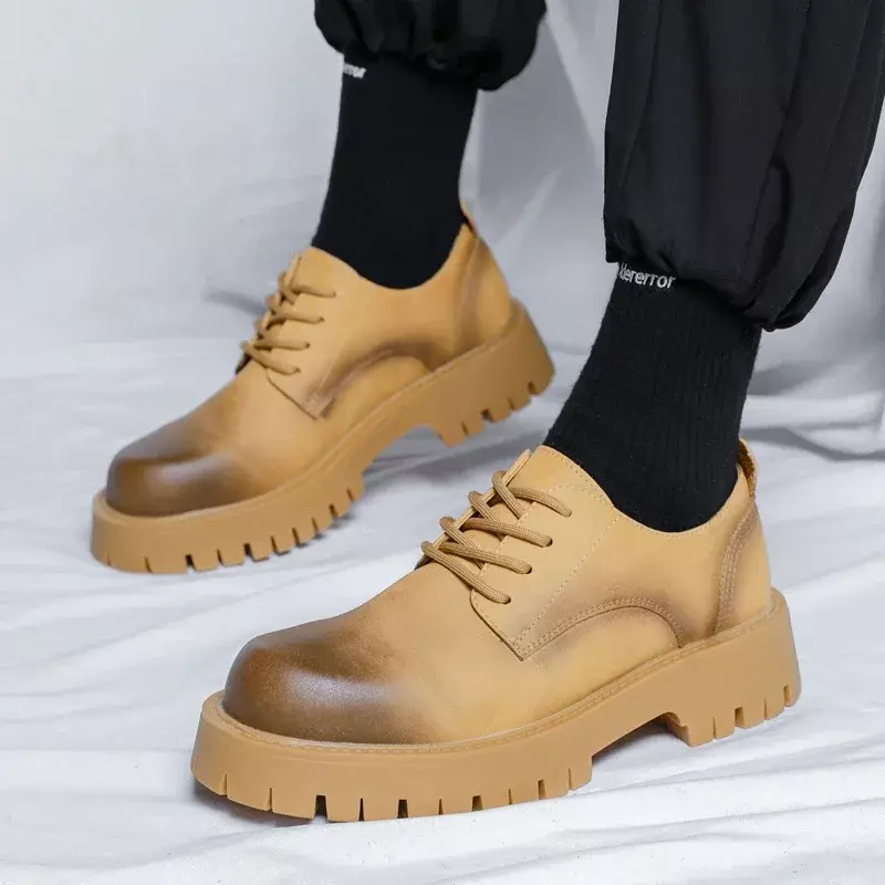 Zapatos Oxford con plataforma de cuero para hombre, mocasines informales, punta cuadrada, calzado Formal, grueso, estilo Derby, Corea