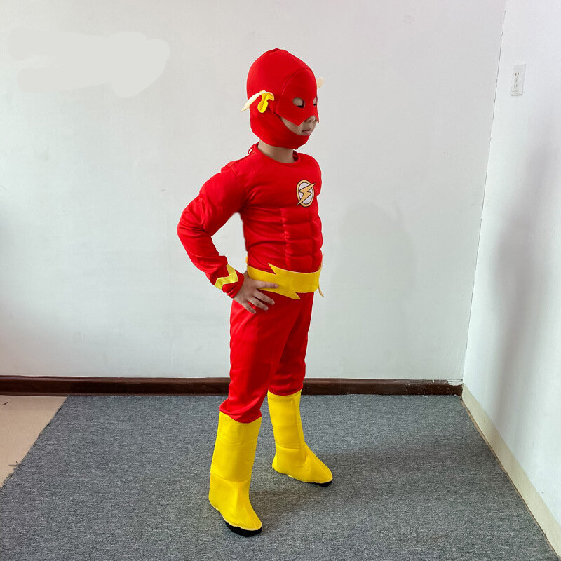 เด็กดีลักซ์ Flash เครื่องแต่งกายชุดแฟนซีเด็กภาพยนตร์ Carnival Party ฮาโลวีนคอสเพลย์หน้ากากเครื่องแต่งกายเข็มขัดรองเท้า3-12Y