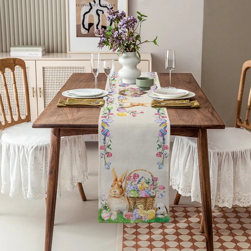 Linen Easter Table Runner Cute Bunny Dining Table Cloth 2024 Spring Holiday Happy Easter Decoration For Home Party Supplies Gift