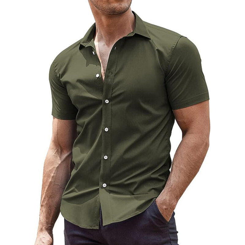 Summer Shirt Fitness Formal Muscle Shirts Short Sleeve Slim Fit Solid Color Sports T-Shirt Blouse Casual Daily