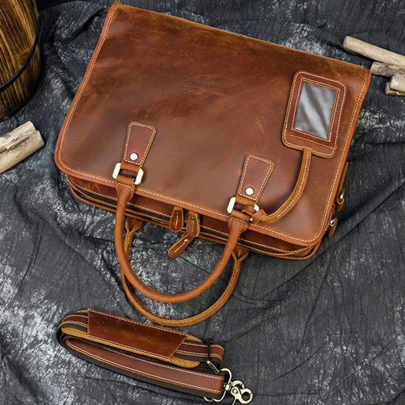 Genuine Leather Briefcases For Men Business Handbag Tote Bag 15"6 Laptop Computer Vintage Male Shoulder Messenger