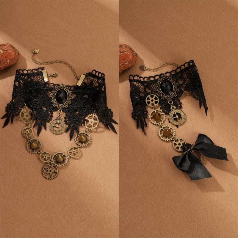 Colar gótico feminino preto chocker pulseira colar corrente bordada renda