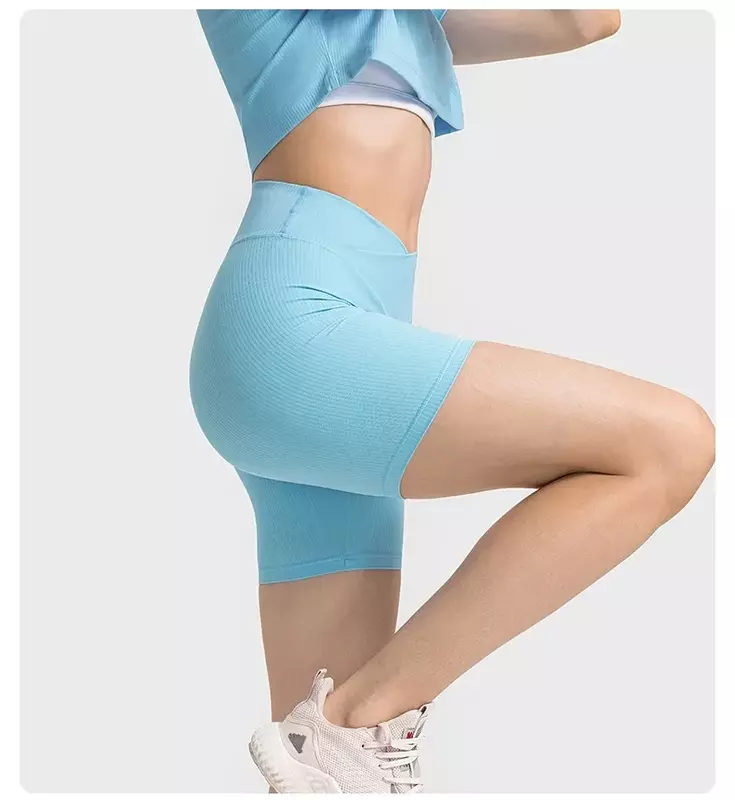 Limão-Yoga Fitness Shorts para mulheres, tecido com nervuras, cintura alta cruzada, treino de ginástica, corrida, collants de ginástica, desportivo