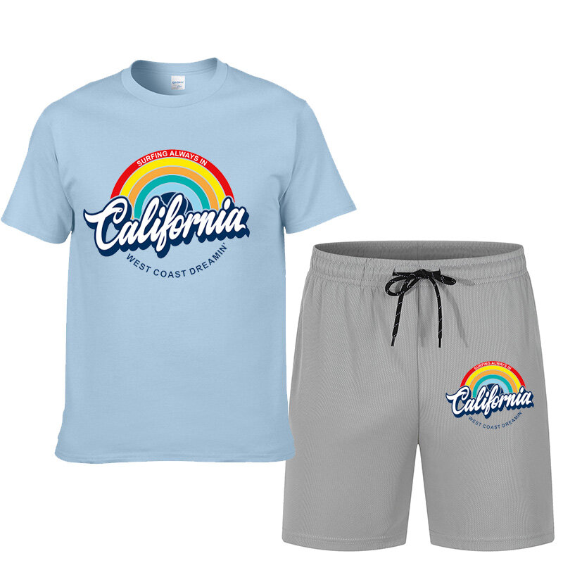 Regenbogen-Brief druck, 2-teiliges Herren-Set, bequemes T-Shirt und lässige Sports horts für den Sommer
