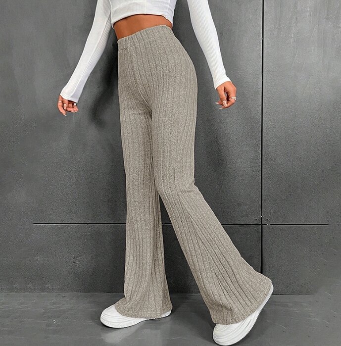 Fashionable Long Pants 2024 Women Mid Waist Solid Color Versatile Wide Pit Stripe Casual Pants Wide Leg Pants Daily Commuting