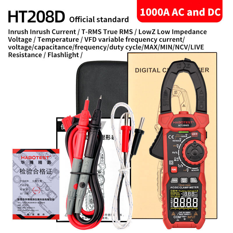 HABOTEST 디지털 클램프 미터, HT208D, AC/DC True-RMS 멀티미터, Anto-Ranging 테스터, 전류 클램프, 디지털 전류계 클램프 미터