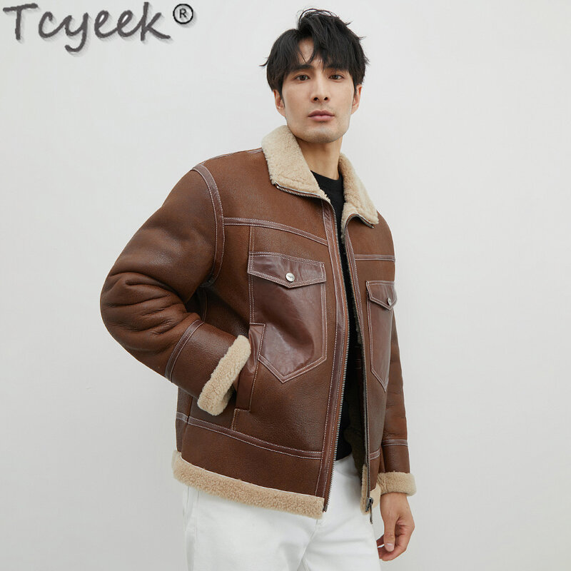 Tcyeek-Casaco de pele de carneiro natural masculino, jaquetas de couro genuíno, casacos de pele real espessados, roupas masculinas, roupas de inverno