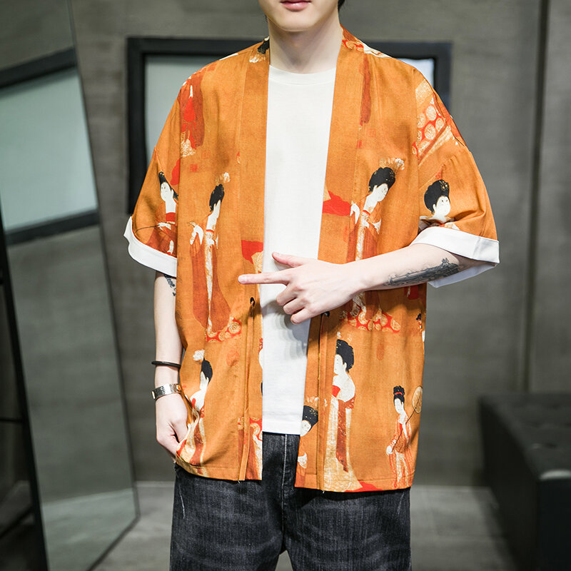 Costume de mode Peinture Chinoise Hanfu Hommes Style Chinois Robe Cardigan Veste Surdimensionné Kimono 5XL Ancien Manteau Mâle