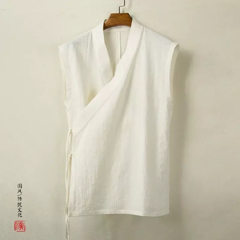 Roupas tradicionais chinesas para homens, colete Hanfu, top sem mangas de algodão de linho, terno Tang, cardigan de quimono