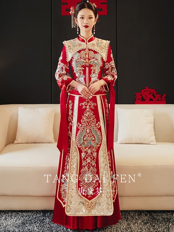 Qipao tradicional chino con lentejuelas brillantes, ropa de tostada, vestido de novia Cheongsam Retro para mujer