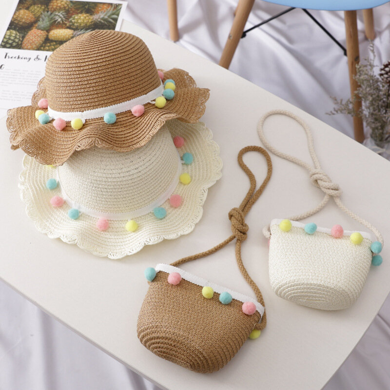 Sombrero de paja tejido transpirable para niñas, conjunto de bolsa, Color sólido, bola pequeña colorida, Verano