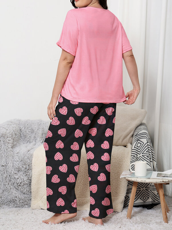 Plus Size Pyjama Set, Geschikt Voor Zowel Thuis-Als Vrijetijdskleding. Fee Set, Melkzijde Materiaal Lange Broek Met Korte Mouwen
