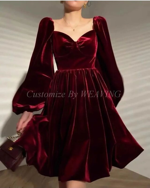Ciemno czerwony aksamit suknie balowe długie rękawy Sweetheart kolano długość saudyjskoarabski kobiety suknia wieczorowa