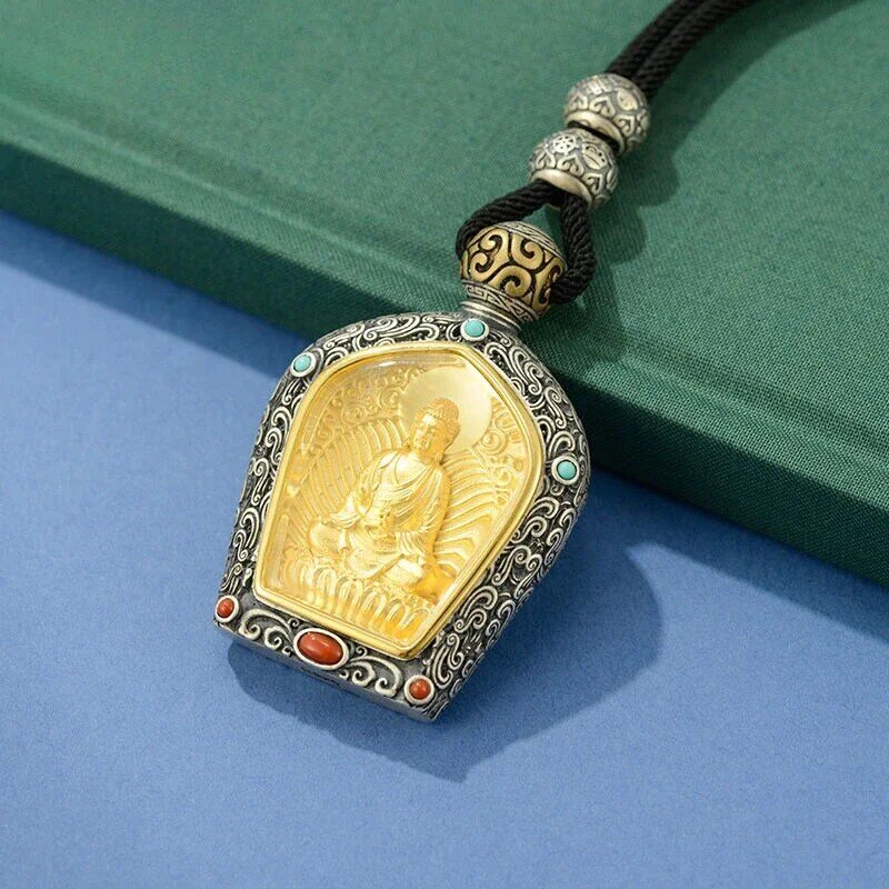 Zodiak posąg buddy strażnik bóg Sterling srebrny naszyjnik mężczyźni i kobiety wisiorek Guanyin Manshu pusty ukryty Ornament