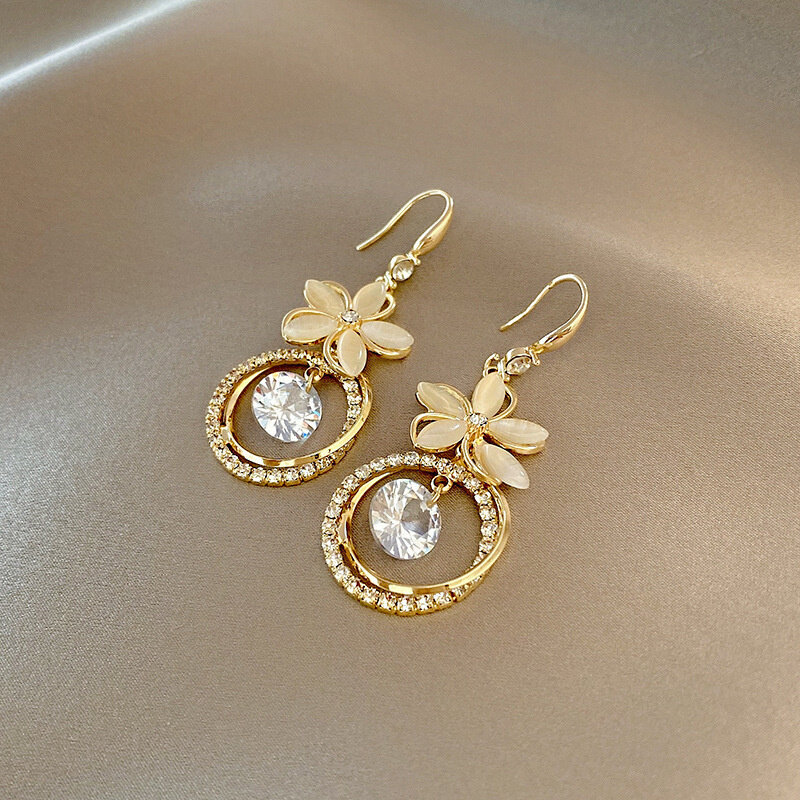Korean Crystal Zircon Flower Pendant Earrings For Women Boho Decor Opal Heart Dangle Earrings For Birthday Gift Party Jewelry