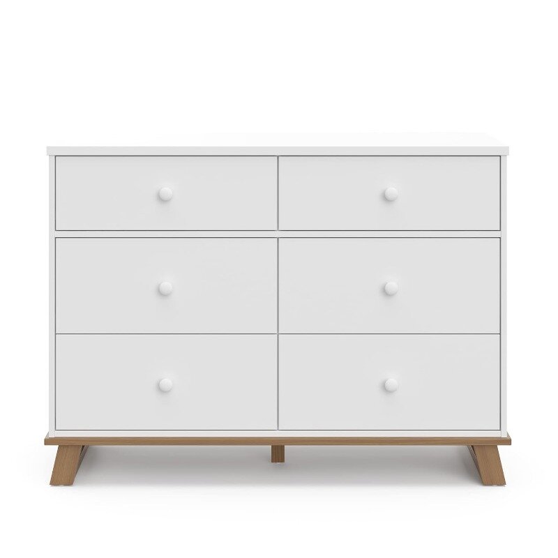 Storkcraft Modern 6 Drawer Double Dresser (White with Vintage Driftwood) – GREENGUARD Gold Certified, Modern Double Dresser