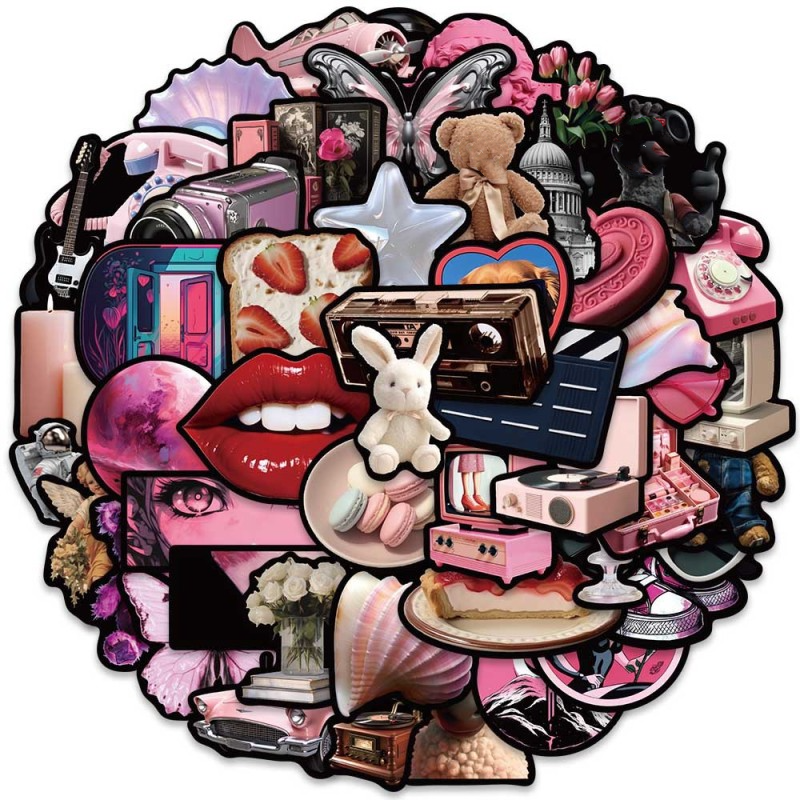 Pegatinas 3D de dibujos animados para equipaje, pegatinas impermeables con grafiti, estilo chica, negro y rosa, 10/25/50 piezas