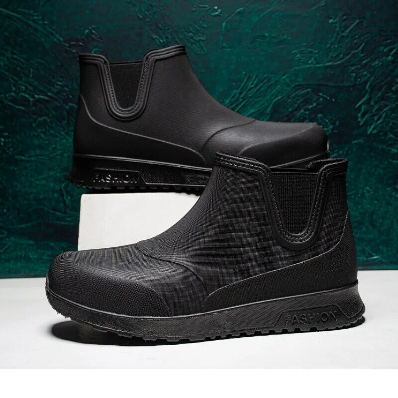 รองเท้ายางกันฝนสีดำสำหรับผู้ชาย, 2024รองเท้าบูทหุ้มข้อพื้นรองเท้ากันลื่นฤดูหนาวฤดูใบไม้ร่วงรองเท้าบูทสำหรับกันน้ำผู้ชายทำงาน botas