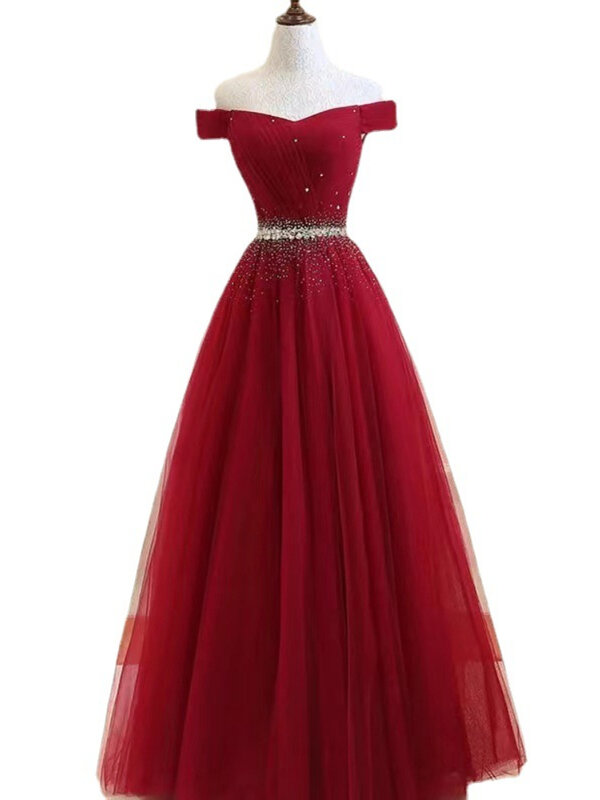 Klassisches Slash Neck Temperament lang drapiertes Abendkleid hohe Taille A-Linie Kreuz Schnürung Vestidos exquisite Pailletten Diamant Kleid