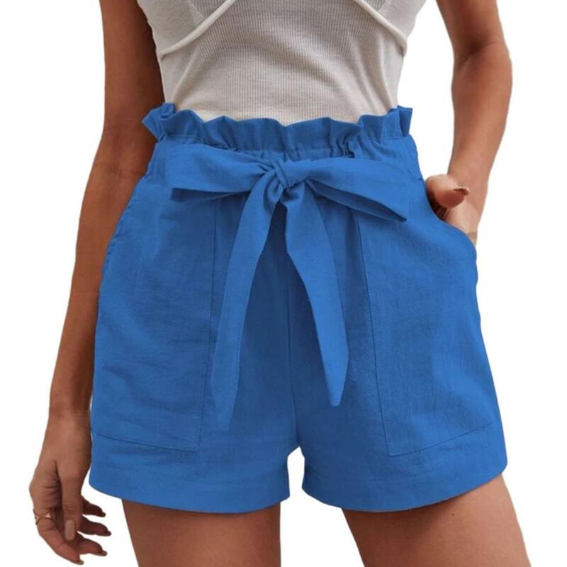 Women Shorts High Elastic Waist Shirring Bow Decor Solid Color Pockets Loose Casual Straight Above Knee Length Summer Shorts