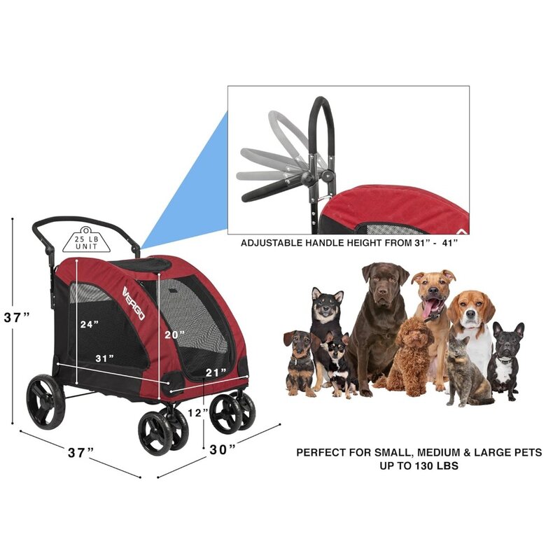 Dog Stroller Pet Jogger Wagon Foldable Cart with 4 Wheels, Adjustable Handle, Zipper Entry, Mesh Skylight Pet Stroller (Red)