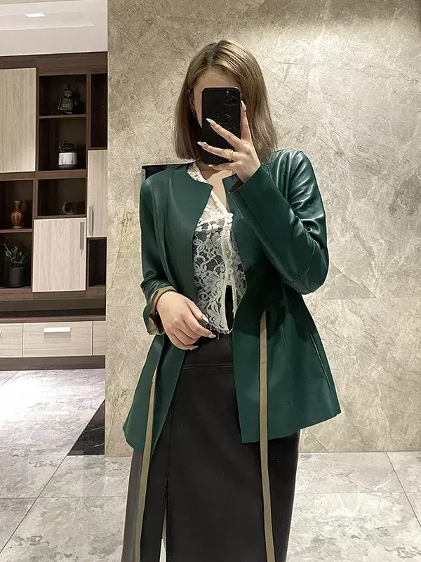 Женская кожаная куртка Tajiyane, Элегантная куртка из натуральной овечьей кожи с круглым вырезом и поясом, Корейская верхняя одежда, 100%