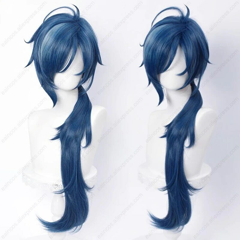 Kaeya Cosplay Wig 80cm Long Ink-Blue Wigs Heat Resistant Synthetic Hair Halloween Party Wigs