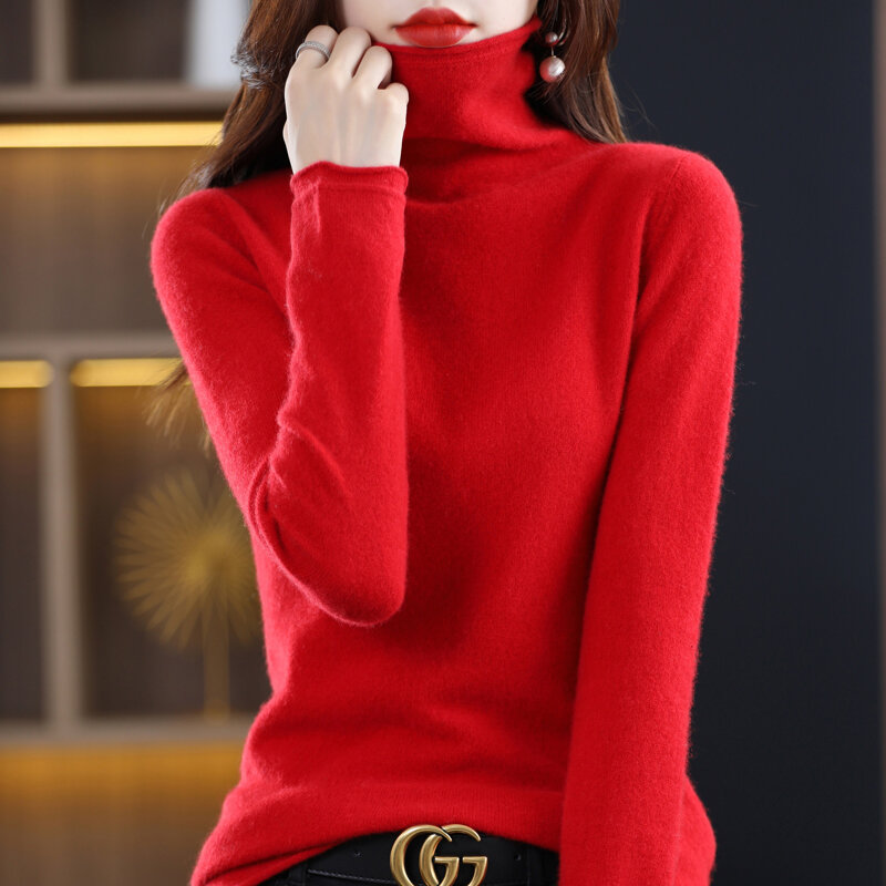 Camisola feminina de lã pura pulôver de gola alta de manga comprida selvagem solta gola de pilha de alta qualidade cashmere de malha inferior versão coreana