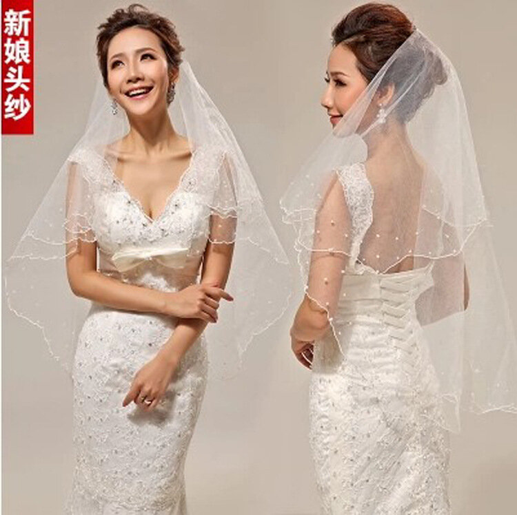 اللؤلؤ فستان الزفاف الحجاب طبقات تول حافة الحجاب الزفاف النساء الملحقات