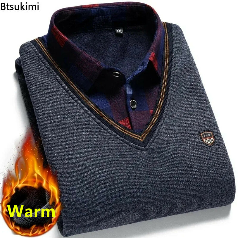 2024 Men's Warm Fleece Sweaters Fashion Shirt-neck Plaid Solid Thicker Casual Shirts High Quality Autumn Winter Sweater for Men