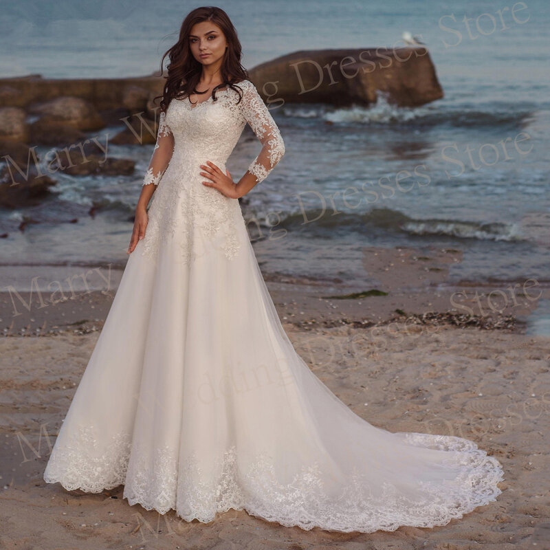 Modische schöne v-Ausschnitt Brautkleider faszinierende Spitze Applikationen eine Linie Tüll Brautkleider Langarm Vestidos de Novia