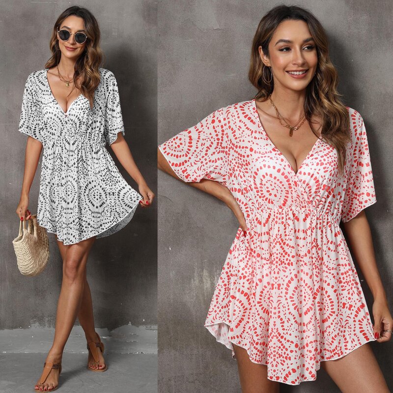 Vacation cover-up deep V-neck sexy cross beach cover-up women's polka dot print dress 2024 new